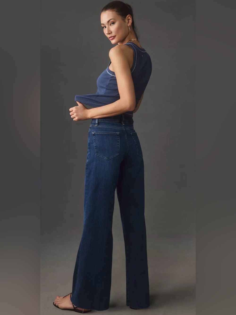 FRAME Le Slim Palazzo high-rise, wide-leg denim jeans in a medium blue wash 32 - Picture 3 of 9